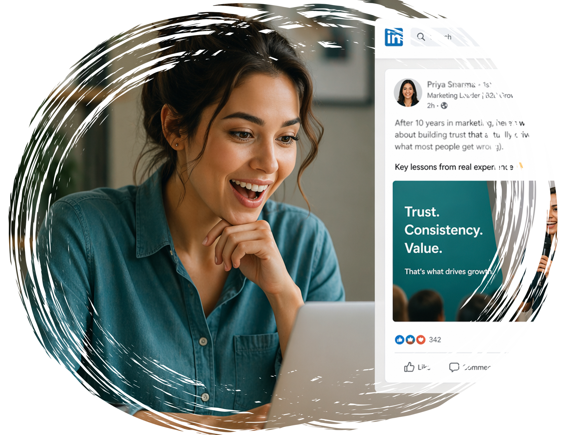Woman smiling while viewing engaging content on laptop with LinkedIn post visible on screen