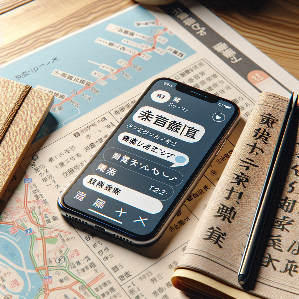 An image featuring a modern smartphone with a translation app actively translating Japanese text into English, alongside a traditional Japanese menu and a map, hinting at the use of technology to navigate language barriers in Japan.