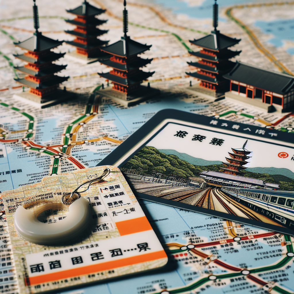 An image of a Japan Rail Pass prominently displayed on top of an open, detailed train route map with visually recognizable, iconic landmarks such as Tokyo Tower and the torii gates of Fushimi Inari Shrine to represent travel between Tokyo and Kyoto.