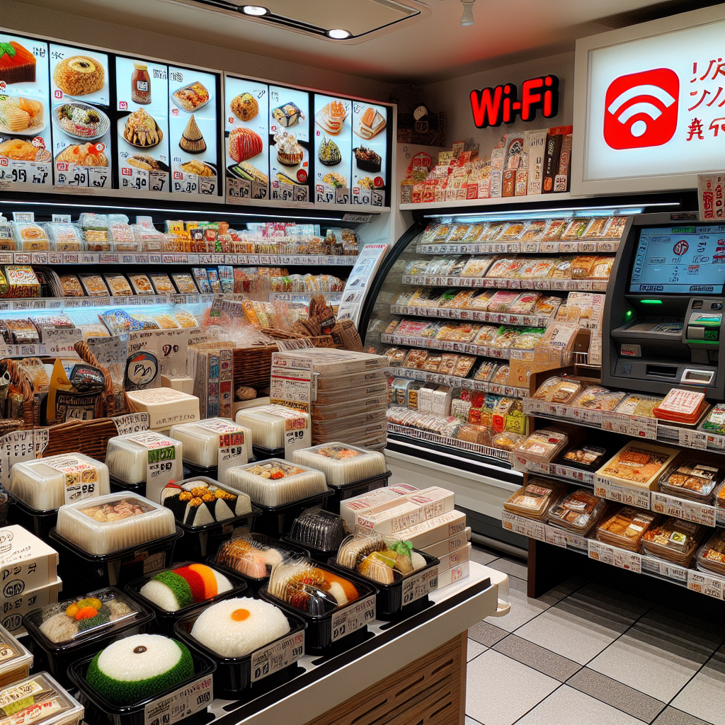 An image of a well-stocked convenience store shelf in Japan, laden with delectable Onigiri, colorful Bento boxes, and traditional sweets, with a visible Wi-Fi sign and ATM machine in the backdrop, portraying the practicality and offerings of convenience stores for travelers.