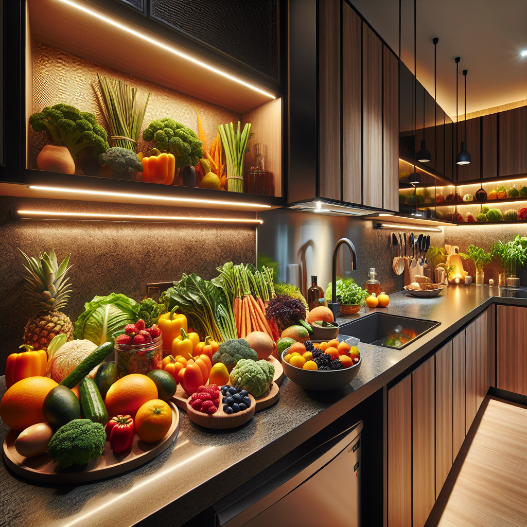 A photorealistic image capturing an inviting kitchenette set in a serviced apartment, brimming with vibrant fresh produce sourced from a nearby market, indicating the traveler's freedom to prepare gluten-free meals.