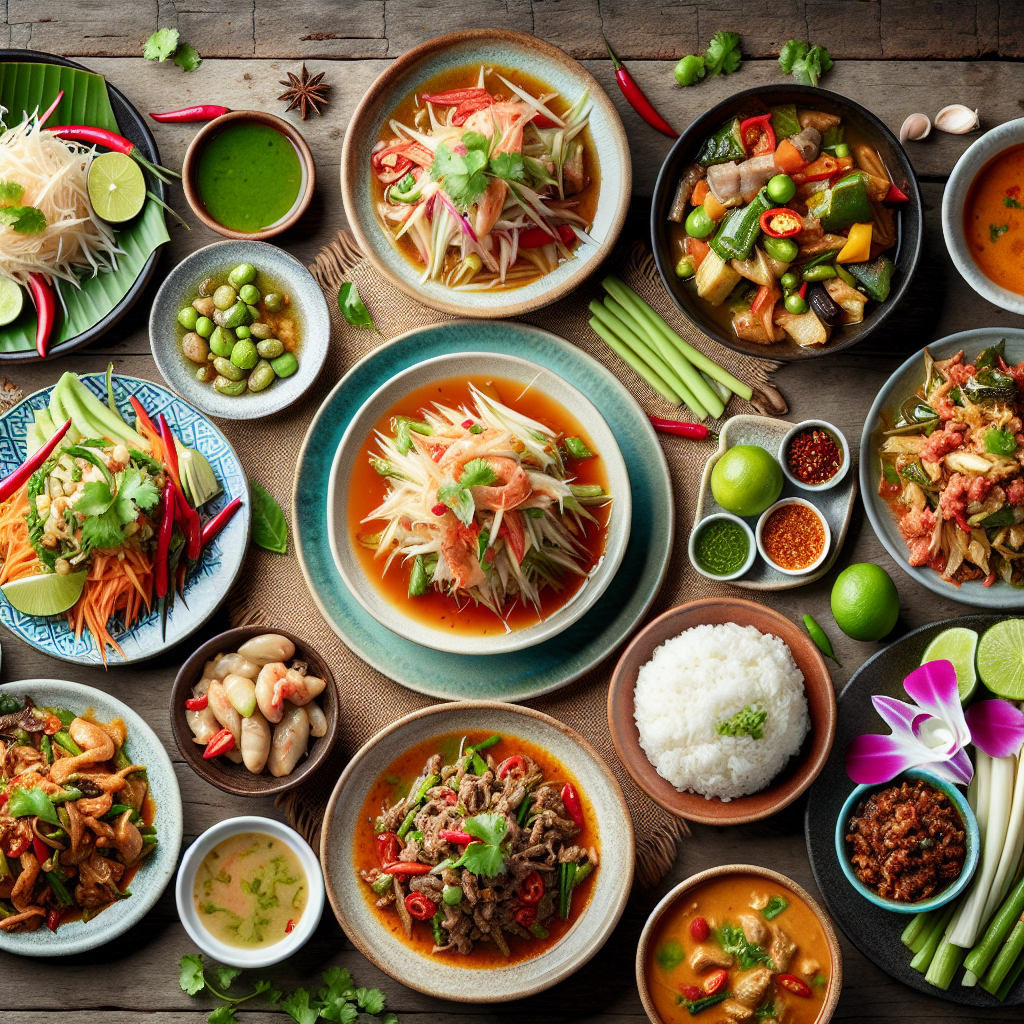 A photorealistic image depicting a rich assortment of naturally gluten-free Thai dishes, artfully arranged to emphasize their traditional preparation without the inclusion of gluten elements.