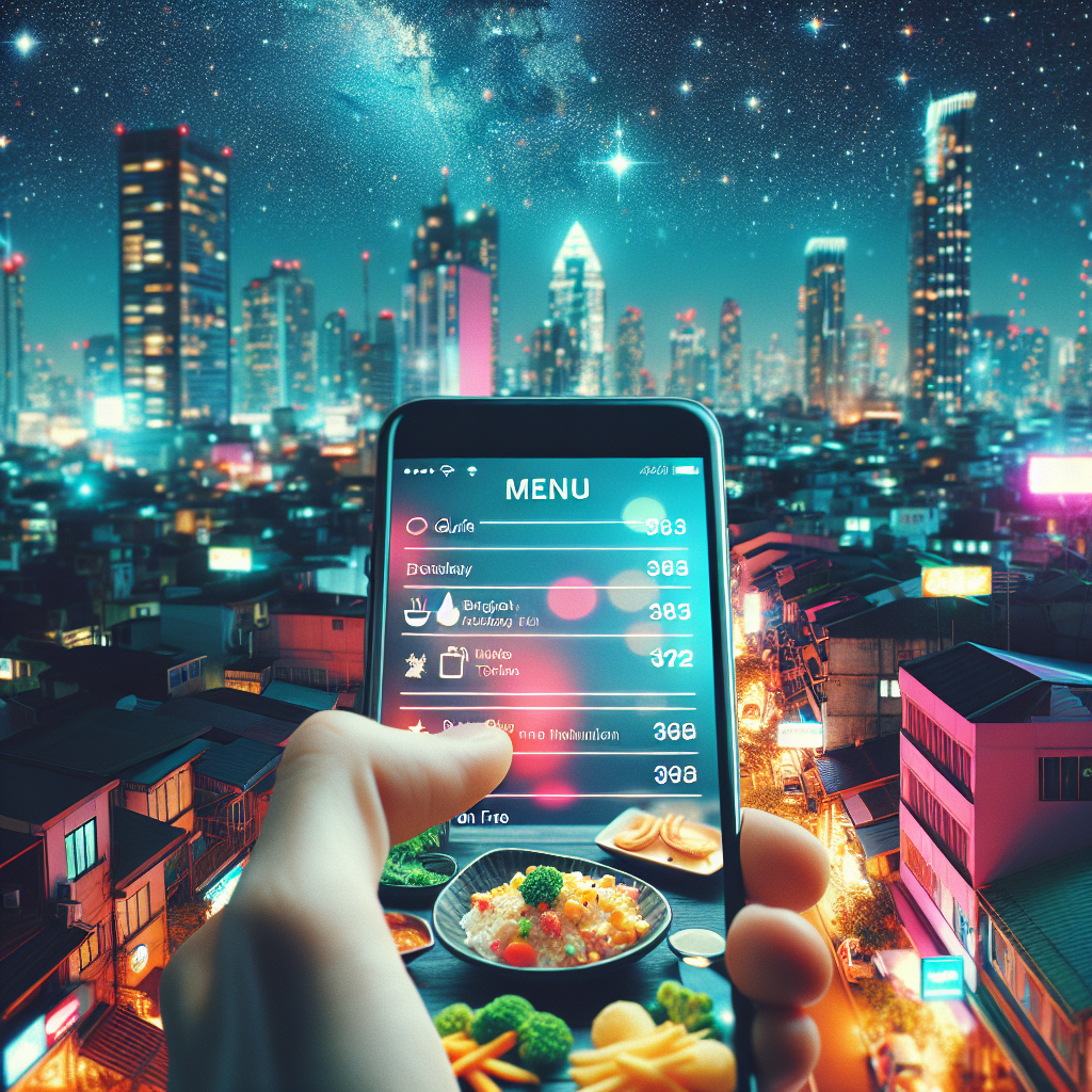 A photorealistic image of a digital menu app showcasing gluten-free options on a smartphone, with an out-of-focus backdrop of a bustling Asian city at night, reflecting the urban setting where such technology is particularly useful.