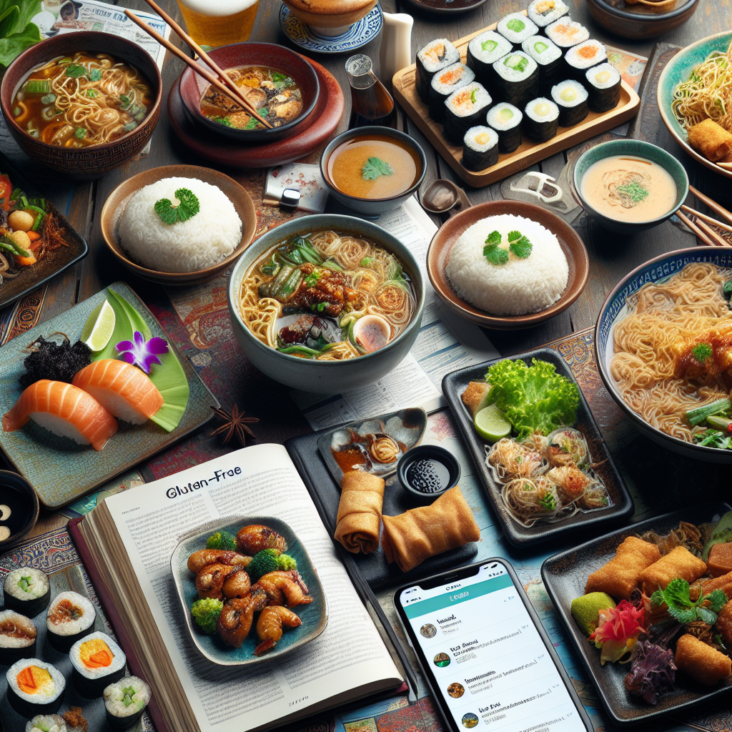 A photorealistic image of a dining table showcasing a range of delectable gluten-free Asian culinary selections, accompanied by a travel guide and a smartphone with food apps visible, symbolizing pre-planned dining adventures.