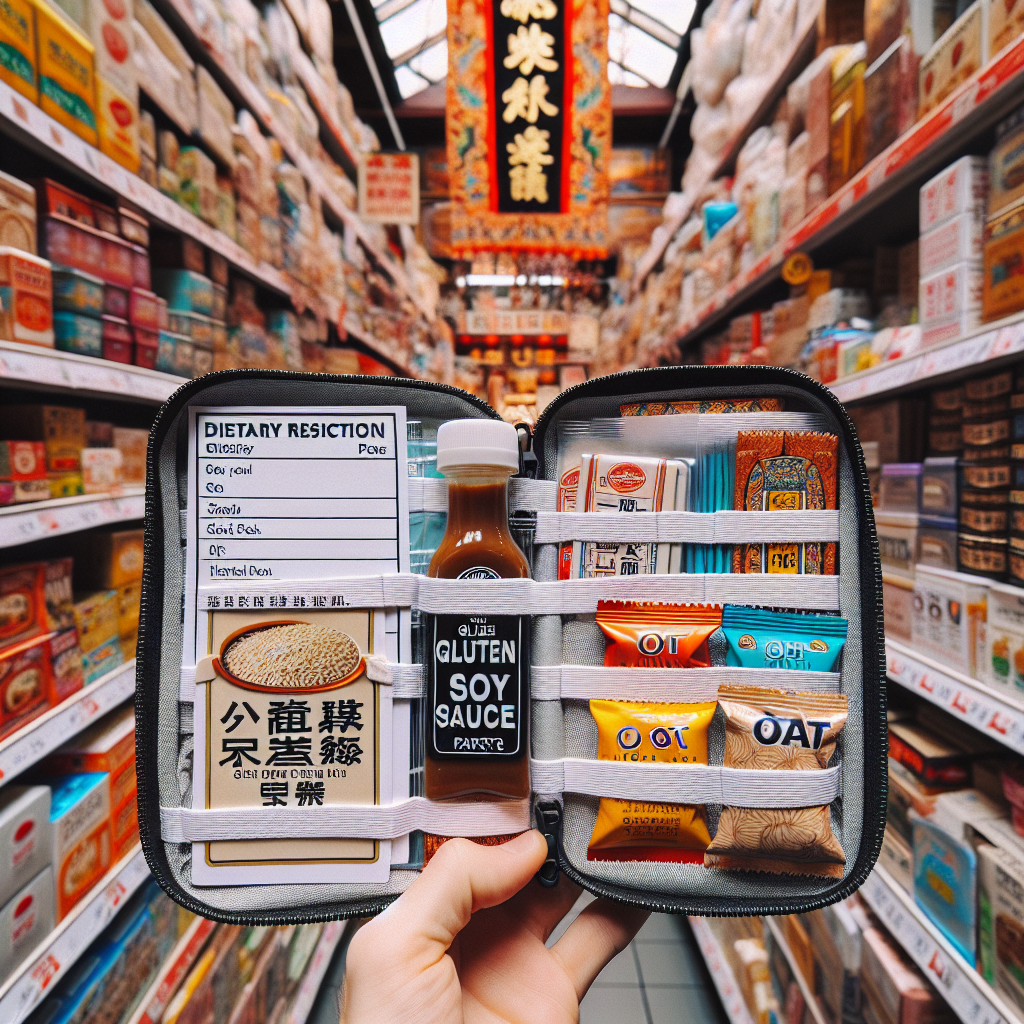 A photorealistic image visualizing a carefully assembled gluten-free travel pack, including vital snacks and a dietary card, set against the interior of an Asian supermarket known for its assortment of gluten-free products.