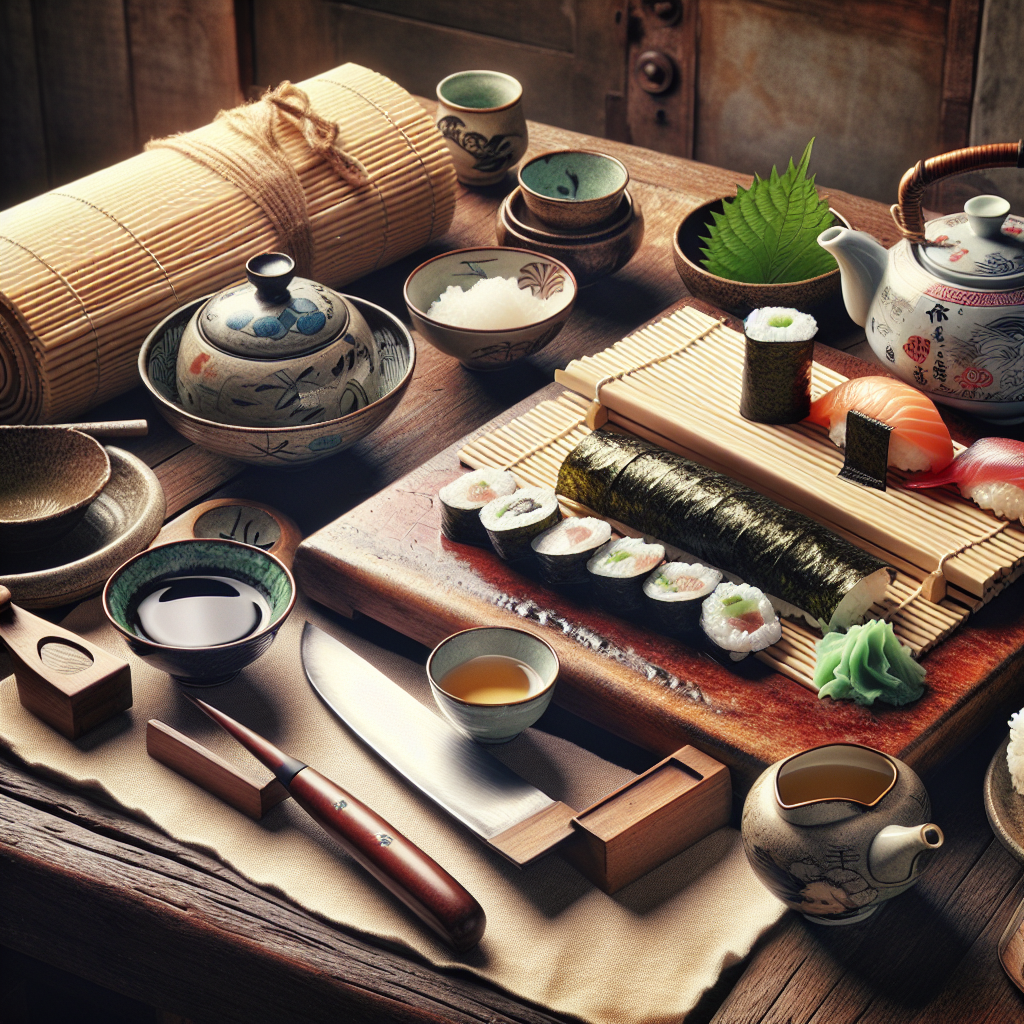 A photorealistic photo showing sushi-making tools neatly laid out on a wooden counter, accompanied by a Japanese tea set prepared for a traditional tea ceremony, capturing the essence of engaging with local community events.