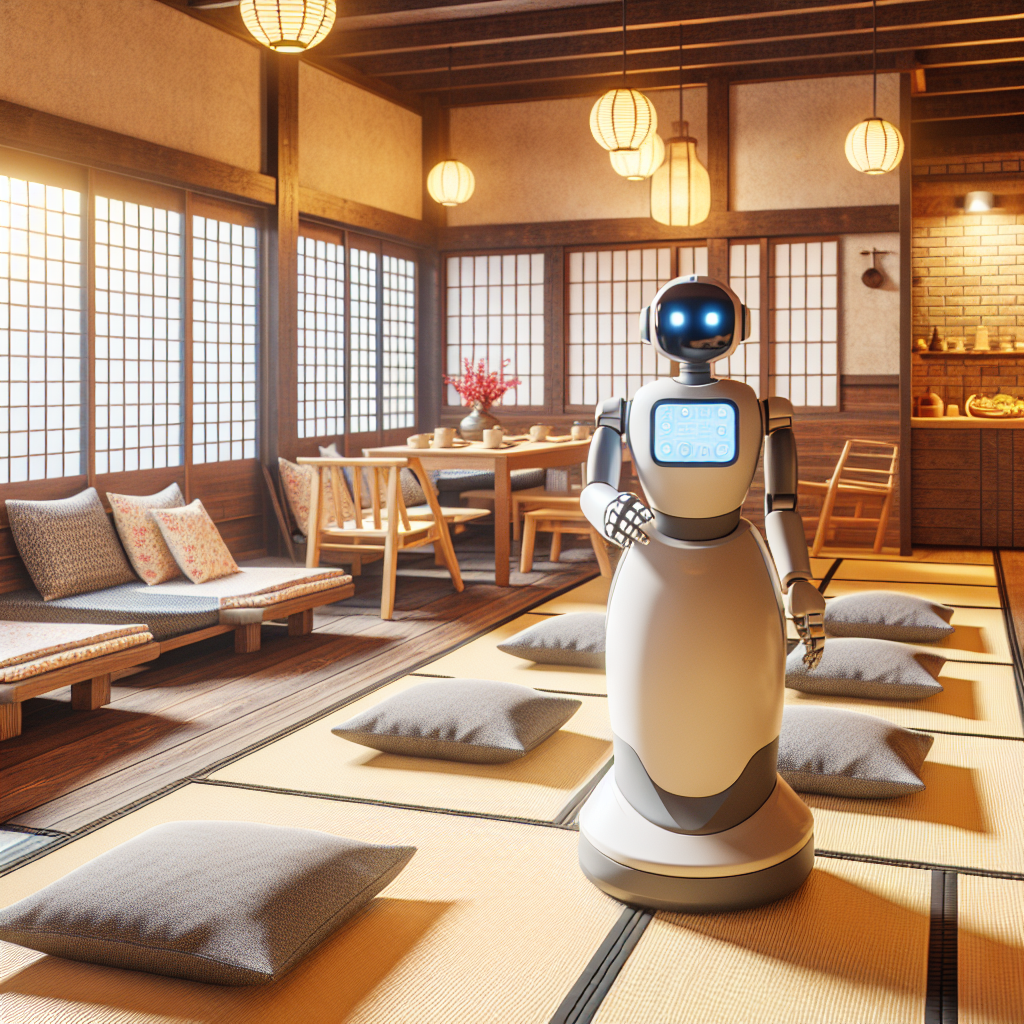 A realistic image of an inviting hostel common area, fusing traditional Japanese decor like tatami mats and futons with futuristic technology, such as a robot assistant, to showcase accommodation that caters to solo travelers.