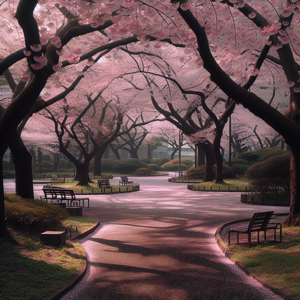 Conveying the beauty of spring in Tokyo while implying considerations for pollen season by showcasing an empty, tranquil park.