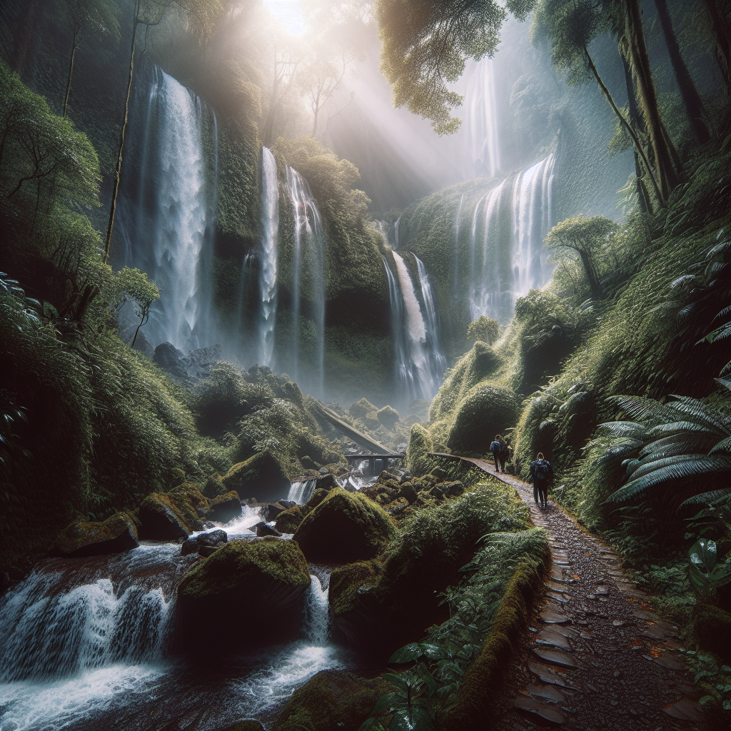 Create a photorealistic, wide-angled image of one of the majestic waterfalls in El Imposible National Park, capturing the natural beauty and sense of adventure.