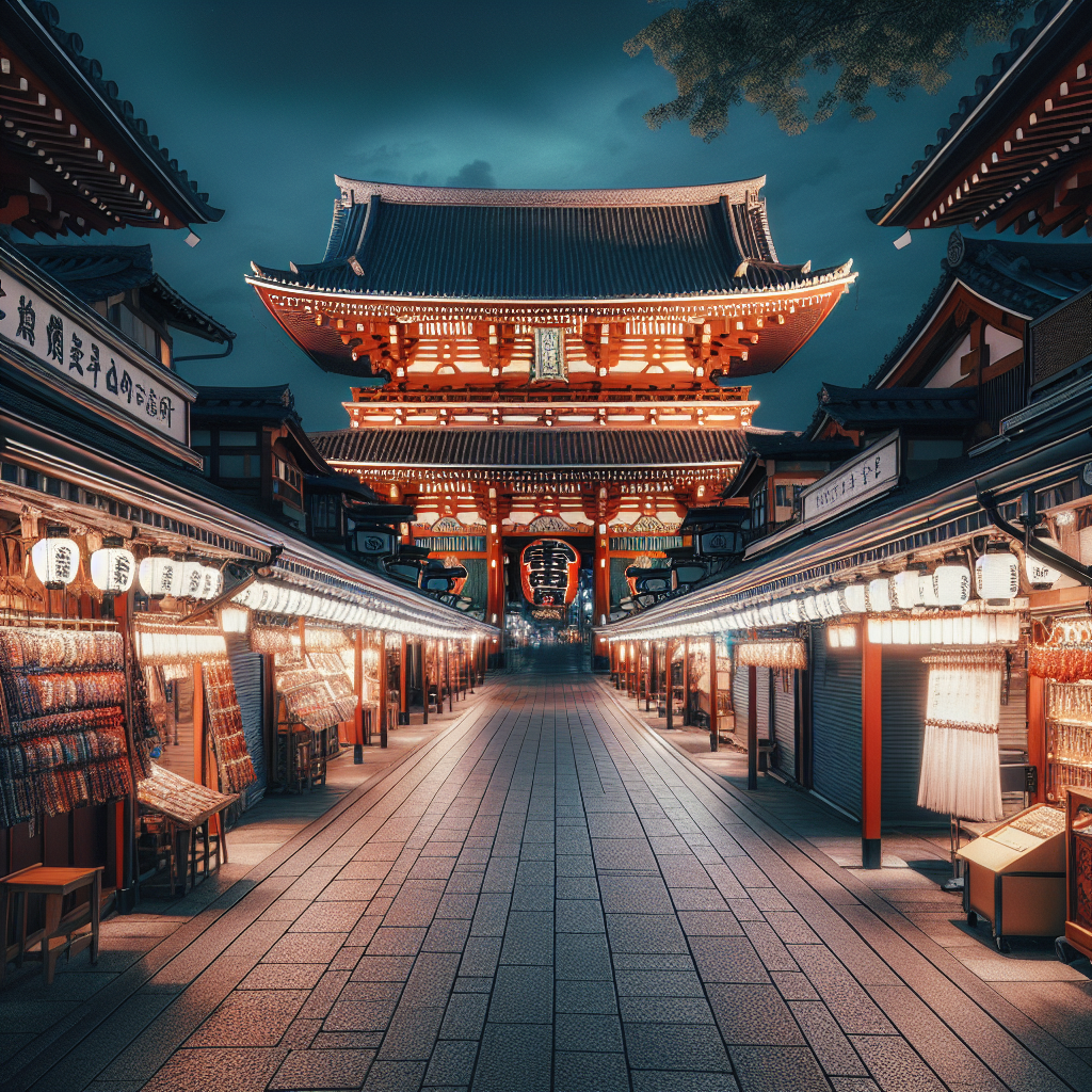 Depicting the historical charm of Asakusa through the combination of Sensoji and the Nakamise shopping street, devoid of the daytime crowds.