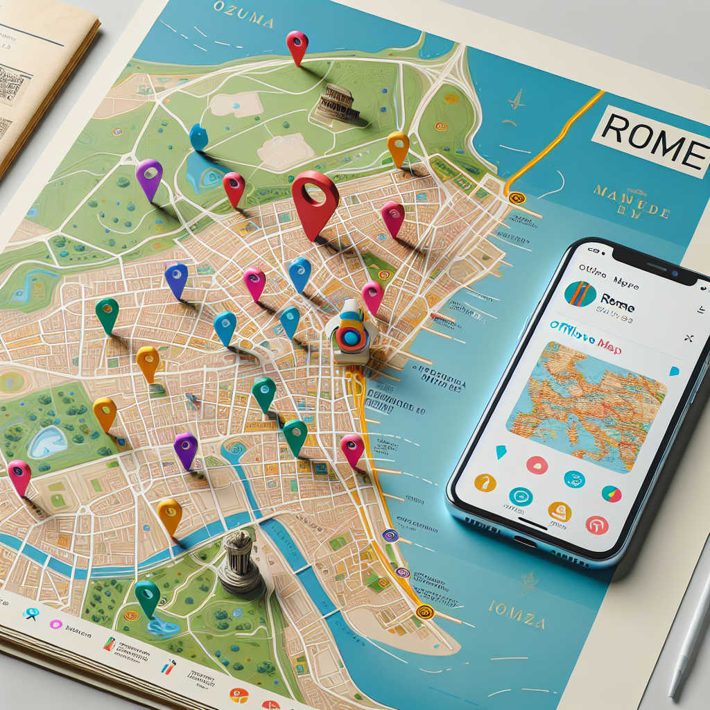 Physical map of Rome with red pins and offline map application