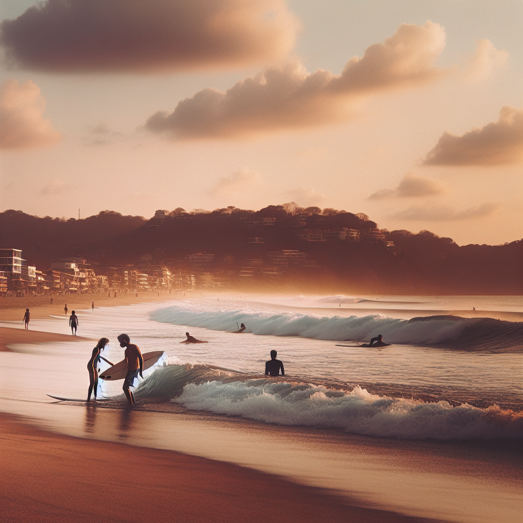 Generate a warm, inviting image of the tranquil beaches of El Zonte, portraying a sense of relaxation and the opportunity for surf lessons without any human presence.