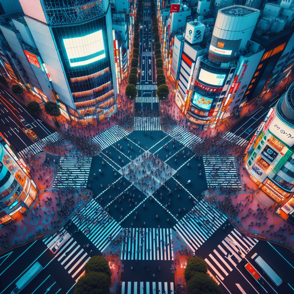 Illustrating the iconic Shibuya Crossing in a rare state of calm, suggesting a time to cross without the chaos of peak hours.