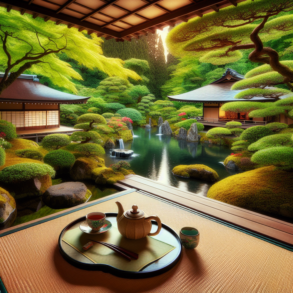 Representing the peaceful and cultural experience of participating in a tea ceremony in Happo-en garden.