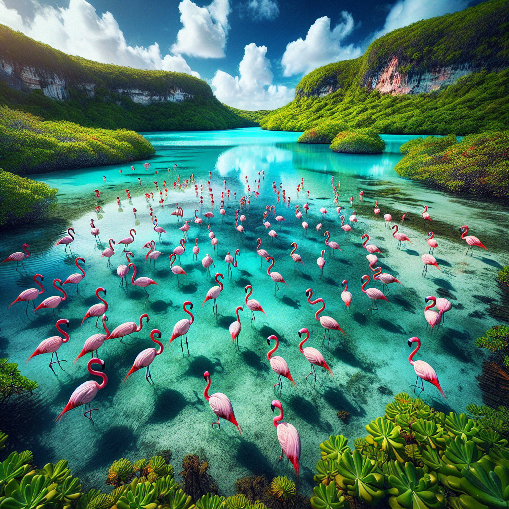 This image provides a glimpse of the natural habitat of majestic flamingos, capturing the peaceful and enchanting allure of the lagoon, inviting nature enthusiasts to observe and appreciate the beauty of wildlife in its undisturbed setting.